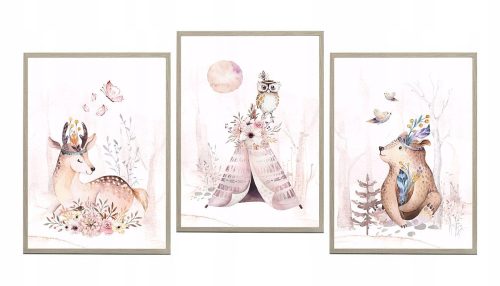 Kép a gyerekszobába - Set 3 Sarenka poszterek medve boho rózsák A4 minták
