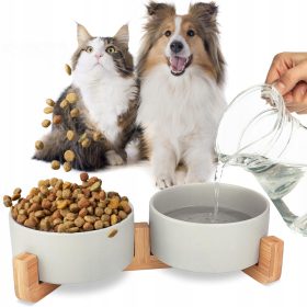    Két tálból álló készlet sok kiskutya egyidejű etetésére, kerámia Mersjo, szürke árnyalatok, 0,8 l