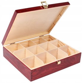   Élelmiszertartó - Creative Deco Burgundy Lacquer Wood teásdoboz, fa, 12 rekeszes