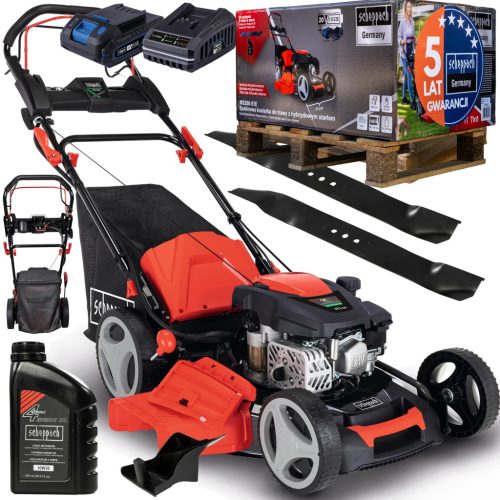  Scheppach benzines fűnyíró kerékhajtás vágási szélesség 51 cm kapacitás motor űrtartalma 173 cm³ 65 literes szemetes