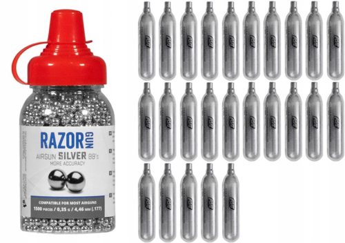 CO2 patron légpuskákhoz - 25 db CO2 kapszula + 1500 BB 4,5 acélgolyós készlet