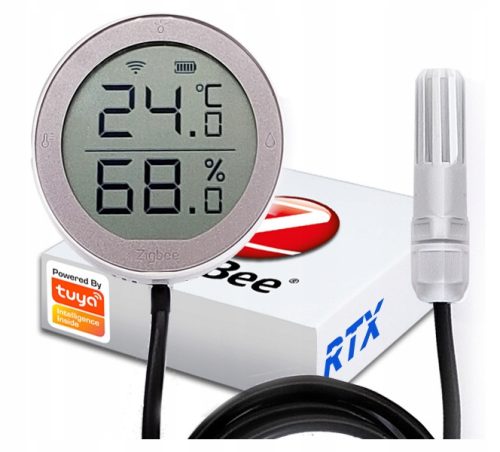 Intelligens otthon érzékelő - RTX ZigBee TUYA hőmérséklet és páratartalom érzékelő kültéri használatra, üzemi hőmérséklet 0°C alatt, kijelző