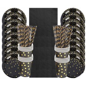   Eldobható étkészlet - Fekete arany születésnapi csészék és tányérok készlete