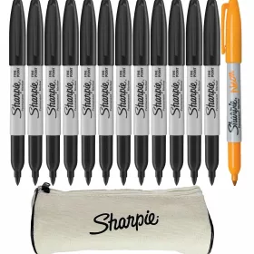    12× Marker kerámiához, fához, kartonhoz, fémhez, papírhoz, műanyaghoz, üveghez, textilhez, permanens fekete Sharpie 1 db + Tartós jelölő narancssárga Sharpie 1 db.