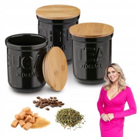    Konighoffer Kerámia fekete kávé, tea és cukor tartályok, 3 db