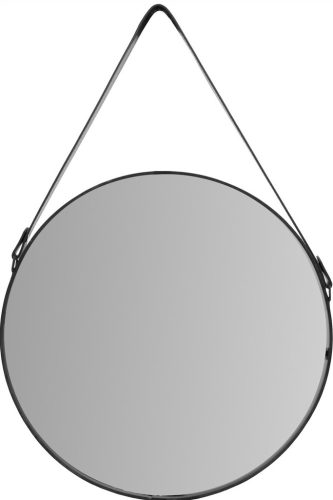 Fürdőszoba tükör - Kerek fali tükör. Fekete 70 cm -es bőr heveder