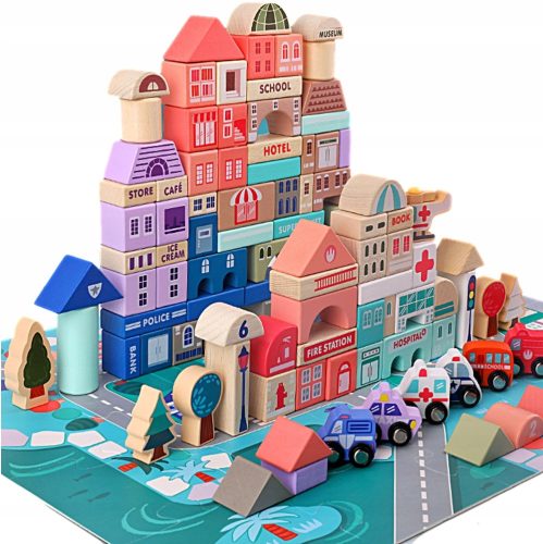 Montessori játék - Fa oktatási blokkok SET CITY 115 EL