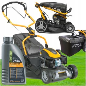    Stiga benzines fűnyíró kosárral, 139 cm³ kapacitással. kosár 60 l, vágási szélesség 46 cm + Stiga 10W-30 olaj 0,6 l