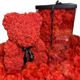   Virág dekoráció - MEDVE RÓZSÁVAL 40 CM XXL DOBOZ, TELI SZIRMOKKAL AJÁNDÉK