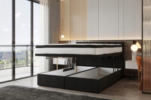 Kötés kontinentális ágy 160x200 fekete + matrac