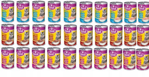 Konzerv macskáknak - BAZSALIAKOS MACSKAELETEL 30X415g BAROMFIHÚSSAL, LAZACSAL, MARHAHÚSSAL