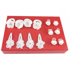  Kapcsok, virág hajdísz készlet, 14 db, fehér cirkónia