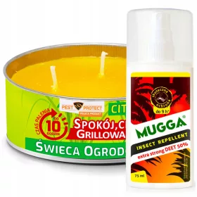    Mugga Deet szúnyog- és kullancs spray 50% 75 ml + Gyertya szúnyogok és legyek ellen Mosquito Killers 0,2 kg 380 ml