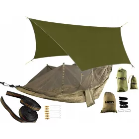   Függőágy - FÜGGÁG KÉSZLET SZÚNYONHÁLÓVAL 330 X 140 CM TARP SZALAGOK