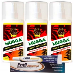    3× Mugga Deet szúnyog- és kullancs spray 50% 75 ml + Entil gél csípésre Entil csípés 8 ml 8 g