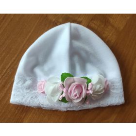   Keresztelő sapka - Kello-cap virágokkal, keresztelés fehér és ecru