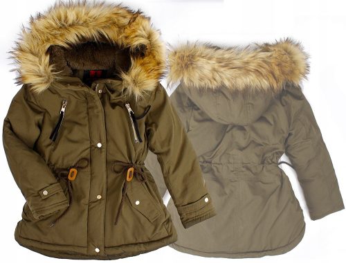 Gyermek kabát - Parka khaki dzseki zöld meleg téli szőr 140
