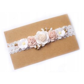   Gyermek fejpánt - Fejszalag a keresztség keresztelésére a kereszteléshez por és fehér virágok