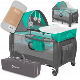    Kétszintes utazóágy + pelenkázóasztal + VASTAG MATRAC Lionelo Sven + pelenkás bambusz takaró LIONELO BAMBOO pelenka