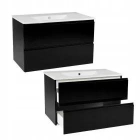    Fekete függő fürdőszobai szekrény mosdóval 60 cm MDF fényes első fiókok