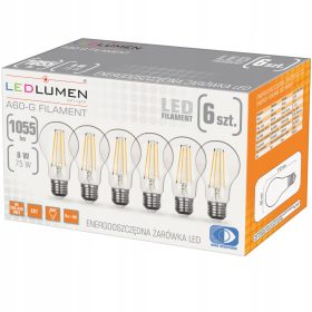   Set 6x LED izzó E27 A60 8W = 75W Filament 1055LM Dekoratív villogás hiánya