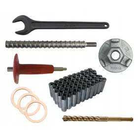   Készlet fúróberendezés rögzítéséhez horgonyokkal + beállító szerszám + anya + csavar + villáskulcs