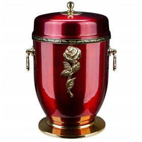   Piros fém hamuurna rózsával, temetési urna, hamvasztásos urna