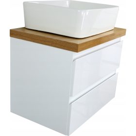    FEHÉR FÉNYES FÜRDŐSZOBAI SZEKRÉNY TÖLGY ASZTALlappal 50 CM