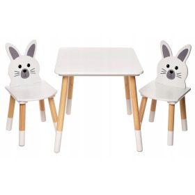    Fából készült asztal + 2 szék készlet gyerekeknek, fehér nyuszik