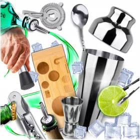   Bartender készlet italokhoz, 10 db. fekete csapos felszerelés állvánnyal