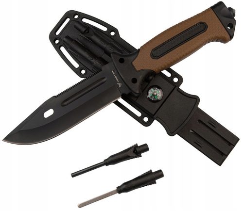 Kés, machete - Bushcraft taktikai túlélő kés + élező + tűzgyújtó + HASTAA iránytű