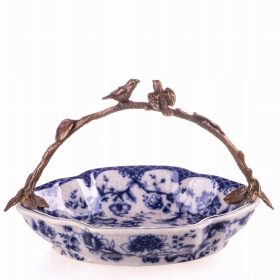 Salátás tál - Craquele porcelán tál bronz fogantyúval