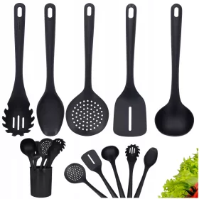   Merőkanál - Konyhai edénykészlet tartállyal, spatulával, merőkanállal, fekete, 5 db