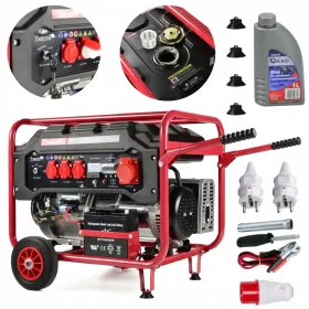   Hordozható háromfázisú generátorkészlet Tvardy 6600 W benzin + Olaj négyütemű motorokhoz 4T piros 1L