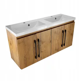    Masszív fürdőszobai szekrény dupla mosdóval fekete fogantyús polc 120 tölgy