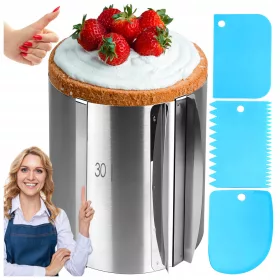   CAKE RIDER, cukrászda MAGAS, 20 cm, SZALAG, peremes, tortaforma + DÍSZÍTŐ lapát süteményekhez, krémes tortákhoz - 3 db.