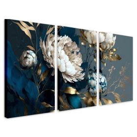   Falfestészet - Fali képek, fali triptichonok, virágok, kék levelek, arany, 90x180