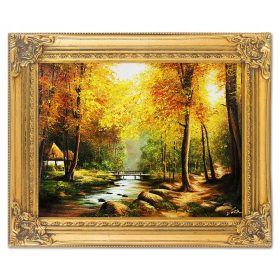   Falfestészet - Ház a fák között, kézzel festett táj arany keretben