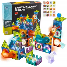    MÁGNESES ÉPÍTŐBLOKKOK PUZZLE FÉNYES MÁGNESES BLOKK PÁLYA 75 db