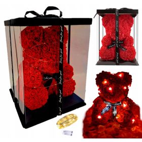   Virág dekoráció - ILLATÚ NAGY MEDVE RÓZSÁVAL Piros 40 cm-es LED AJÁNDÉKdoboz