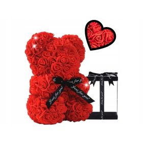   Virág dekoráció - Rózsából készült mackó Springos dobozzal 25x17x16 cm piros