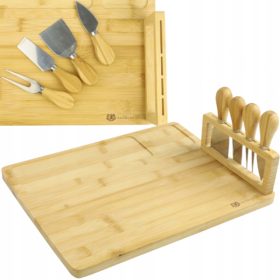   Vágódeszka - BAMBUSZ TÁBLA SAJT SZOLGÁLATHOZ + 4 KÉS KÉSZLET
