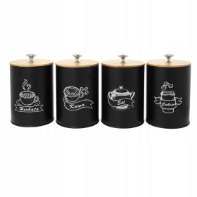  Élelmiszertartó - 4 db fekete tartály készlet teának, cukornak, kávénak és sónak