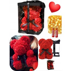   Virág dekoráció - MEDVE RÓZSÁVAL 25 CM RÓZSA MEDVE RÓZSASZIRMAL ÍJ DOBOZ PIROS