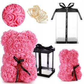   Virág dekoráció - Mackó rózsákkal 25 cm rózsaszín LED-ekkel