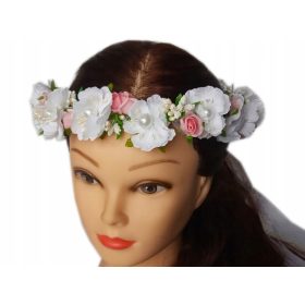    WKO4 Hajkoszorú fehér rózsaszín virágokkal elsőáldozásra, ESKÜVŐI ÁLDOZÁSRA