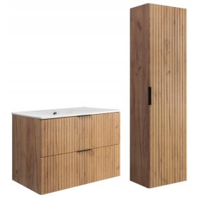    Fürdőszoba garnitúra Függesztett szekrény mosdóval tölgy 80 oszlopos hornyolt előlapok