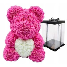   Virág dekoráció - Mackó rózsákkal 40cm Rózsaszín FEHÉR SZÍV Valentin-napi ajándék VIRÁGDOBOZ