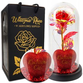   Virág dekoráció - ETERNAL ROSE IN GLASS LED + HEART I LOVE YOU VILÁGÍTÁS, ELEMES MŰKÖDTETÉS + USB KÁBEL