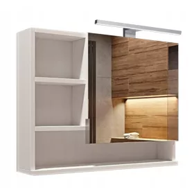   Tükrös fürdőszobai szekrény polcokkal és LED világítással - fehér bal